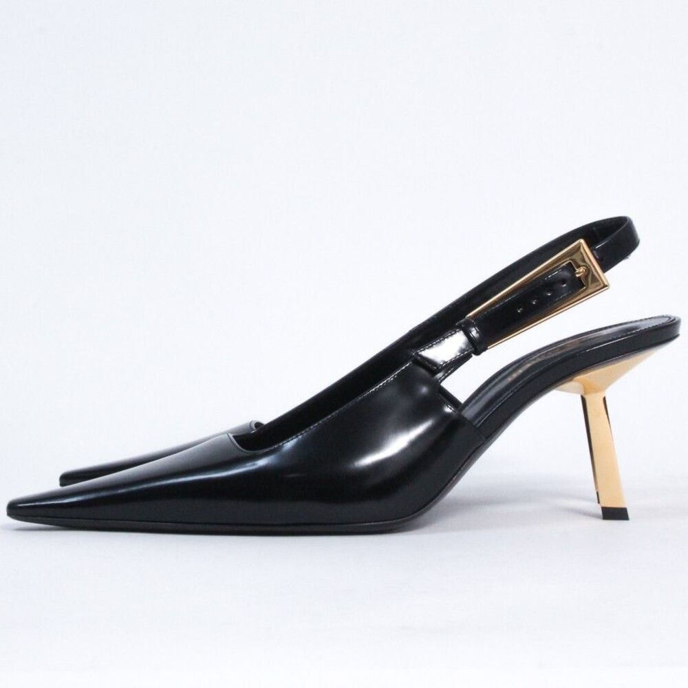 Saint Laurent YSL Lee Slingback Pumps Black Leather Gold Heel Shoes 39.5 NIB - Picture 8 of 13